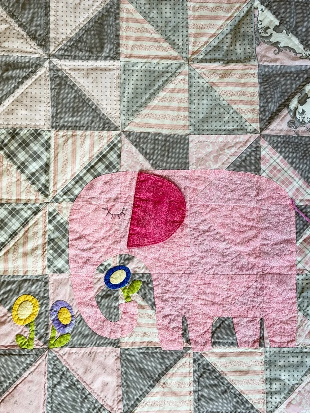 Handmade‎ Baby E is for Elephant Quilt or play blanket 50x39 Pink & Gray